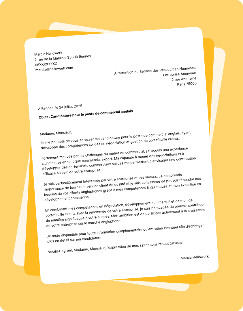 Modèle lettre de motivation Commercial Anglais Exemple lettre de motivation Commercial Anglais