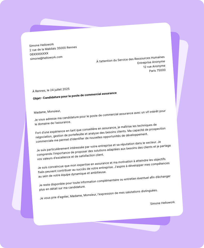 Modèle lettre de motivation Commercial assurance Exemple lettre de motivation Commercial assurance