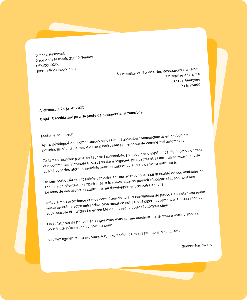 Exemple lettre de motivation Commercial automobile
