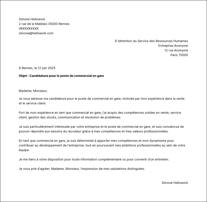 Modèle lettre de motivation Commercial en gare Exemple lettre de motivation Commercial en gare