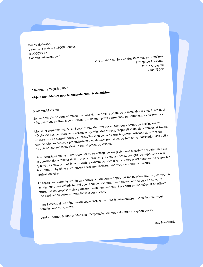 Modèle lettre de motivation Commis de cuisine Exemple lettre de motivation Commis de cuisine