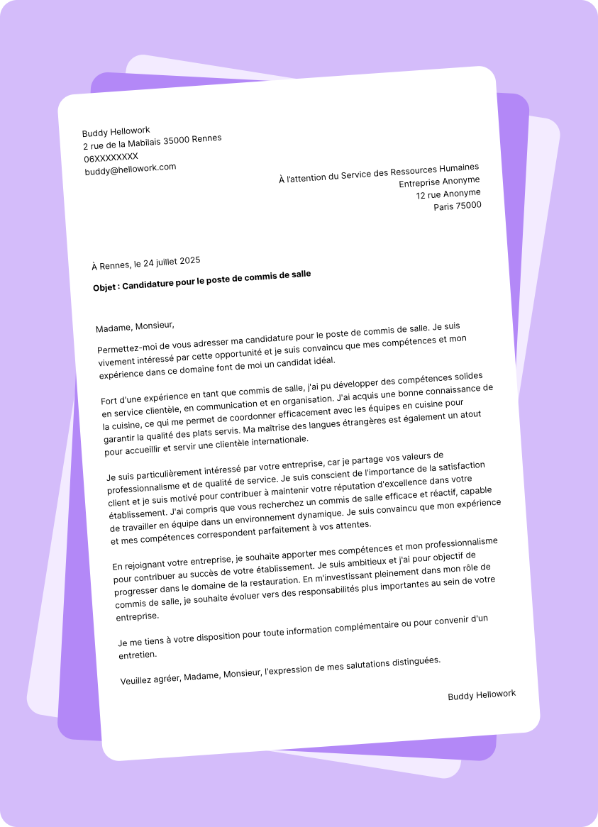 Modèle lettre de motivation Commis de salle Exemple lettre de motivation Commis de salle