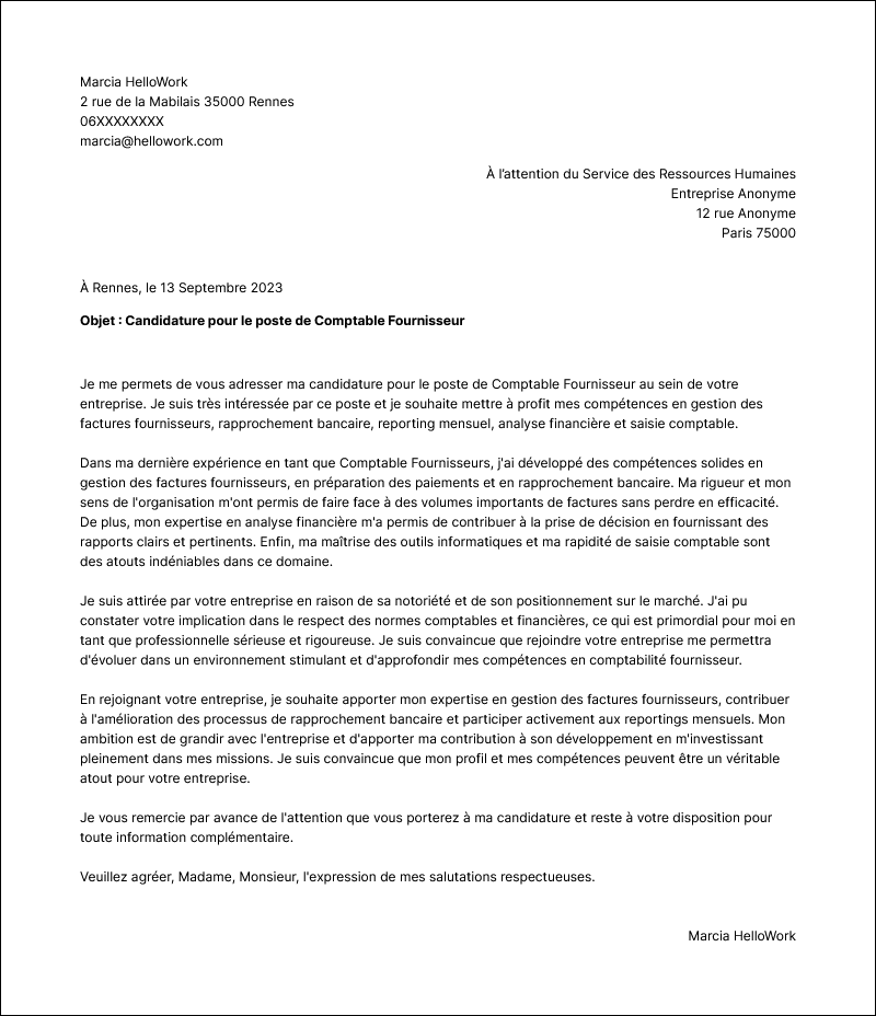 Modèle lettre de motivation Comptable fournisseur Exemple lettre de motivation Comptable fournisseur