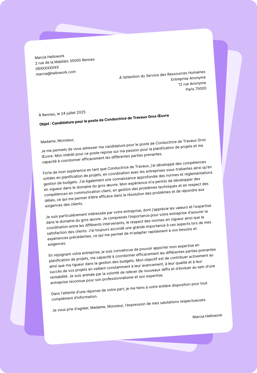Exemple lettre de motivation Conducteur de travaux gros oeuvre