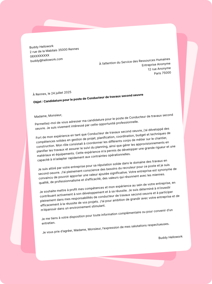 Modèle lettre de motivation Conducteur de travaux second oeuvre Exemple lettre de motivation Conducteur de travaux second oeuvre