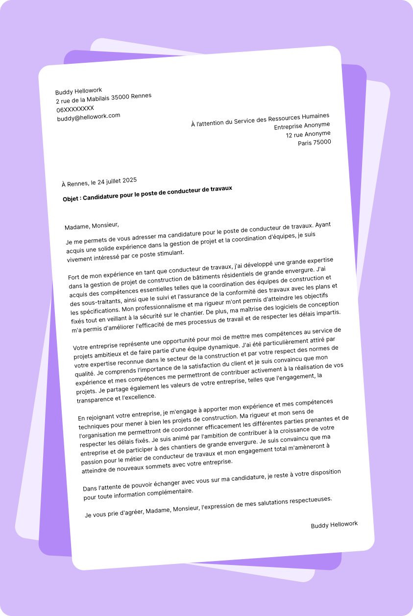 Exemple lettre de motivation Conducteur de travaux