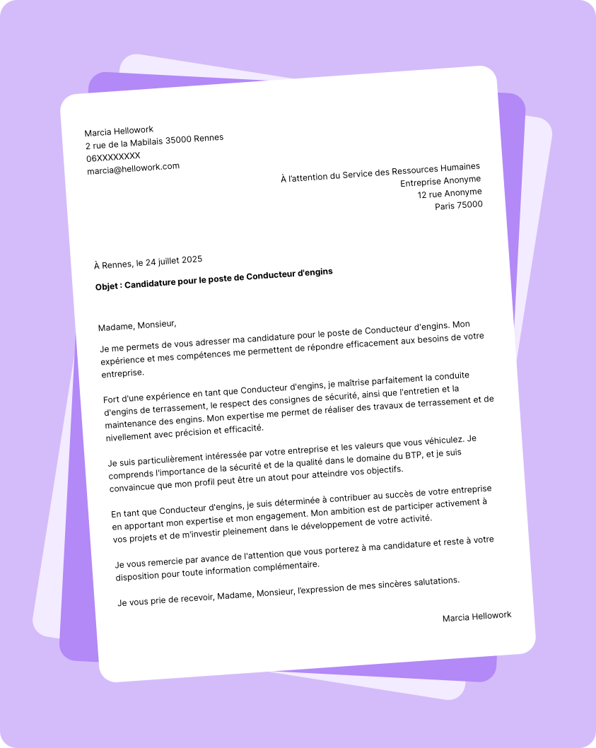 Exemple lettre de motivation Conducteur d'engins