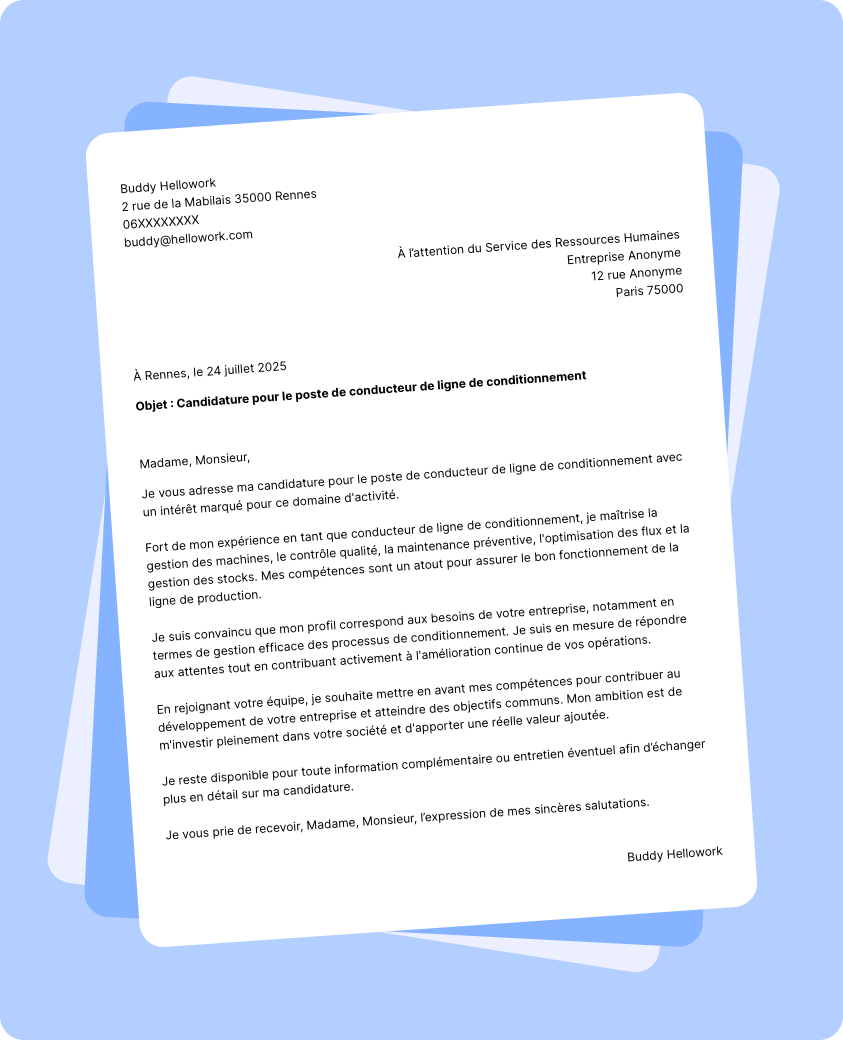Modèle lettre de motivation Conducteur de ligne de conditionnement Exemple lettre de motivation Conducteur de ligne de conditionnement