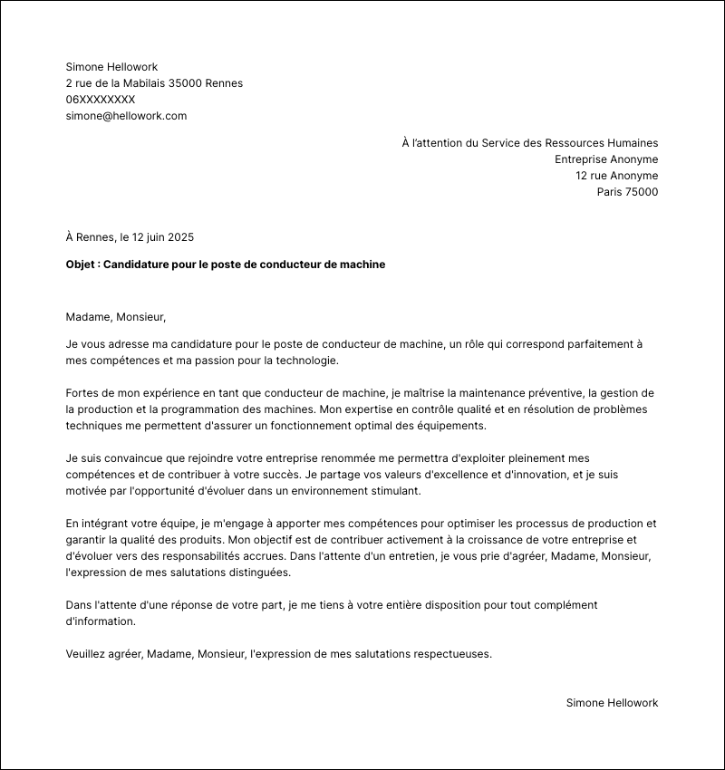 Modèle lettre de motivation Conducteur de machine Exemple lettre de motivation Conducteur de machine