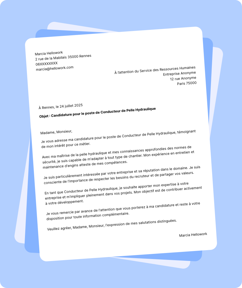 Modèle lettre de motivation Conducteur de pelle hydraulique Exemple lettre de motivation Conducteur de pelle hydraulique