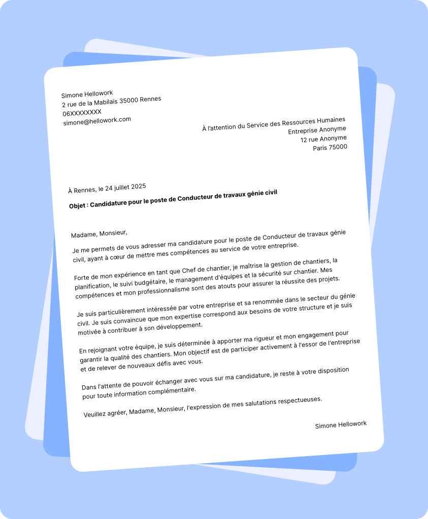Exemple lettre de motivation Conducteur de travaux génie civil