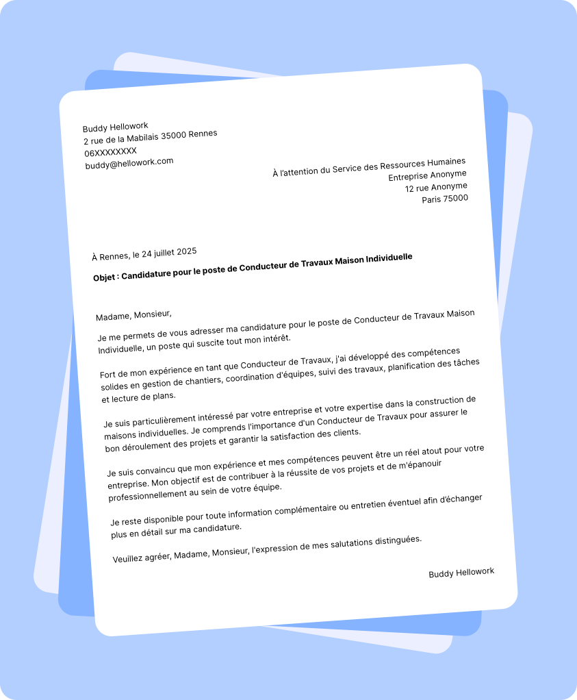 Exemple lettre de motivation Conducteur de travaux maison individuelle