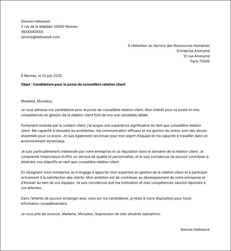 Exemple lettre de motivation Conseiller relation client