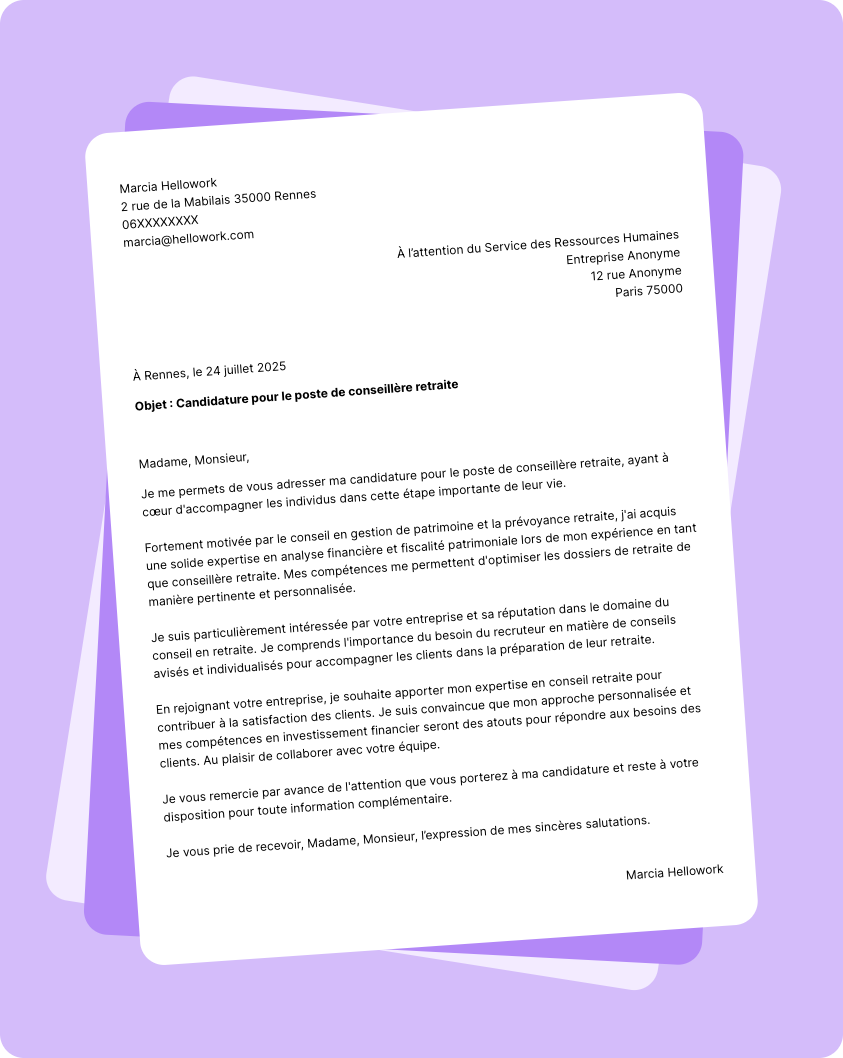 Exemple lettre de motivation Conseiller retraite