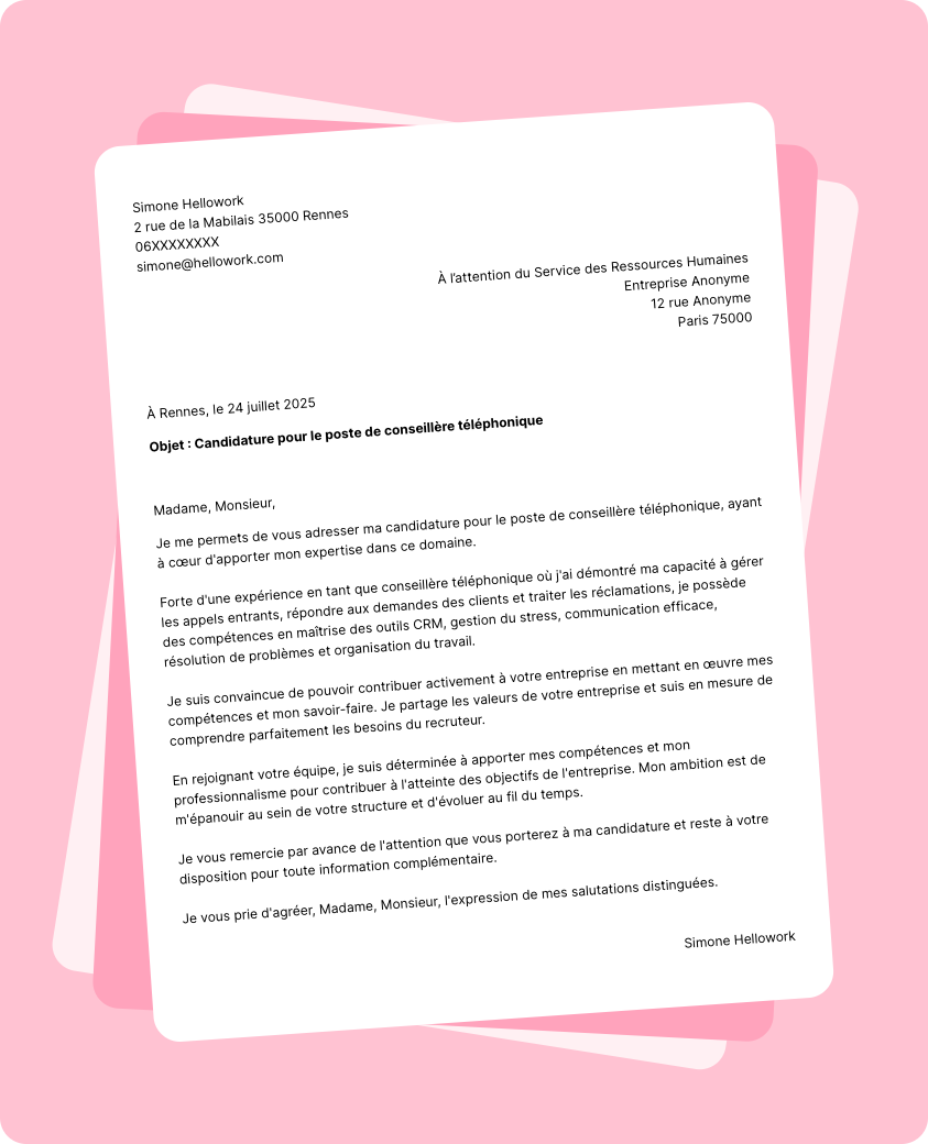 Modèle lettre de motivation Conseiller téléphonique Exemple lettre de motivation Conseiller téléphonique