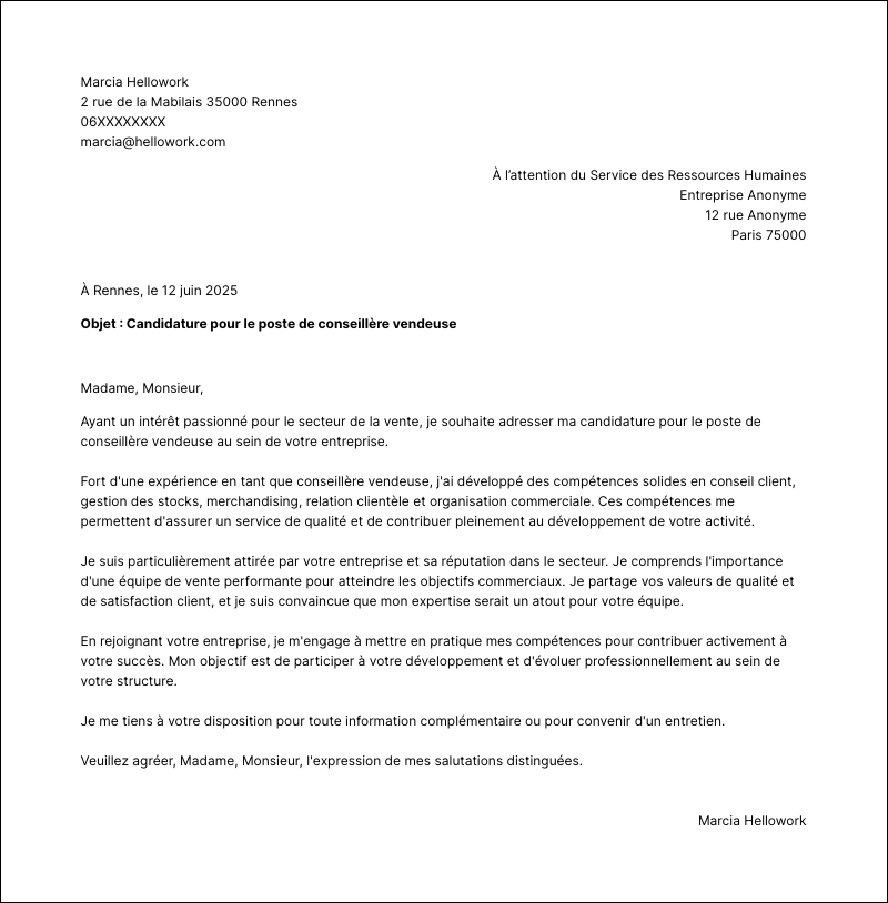 Modèle lettre de motivation Conseillère vendeuse Exemple lettre de motivation Conseillère vendeuse