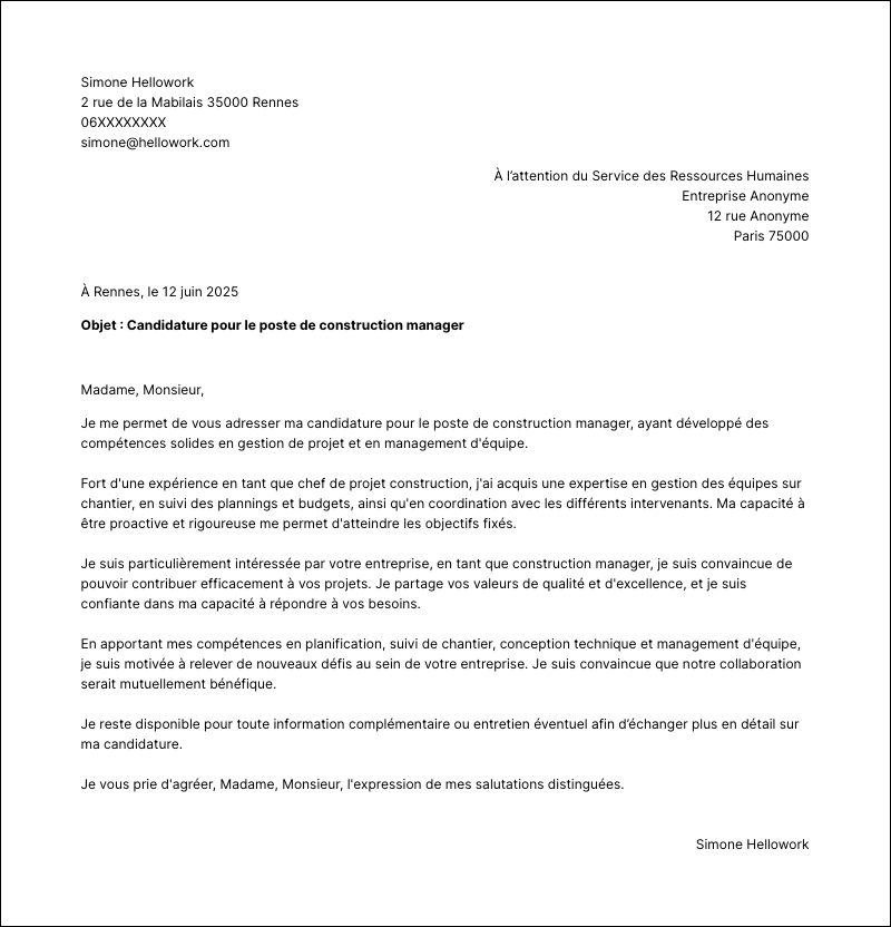 Modèle lettre de motivation Construction manager Exemple lettre de motivation Construction manager