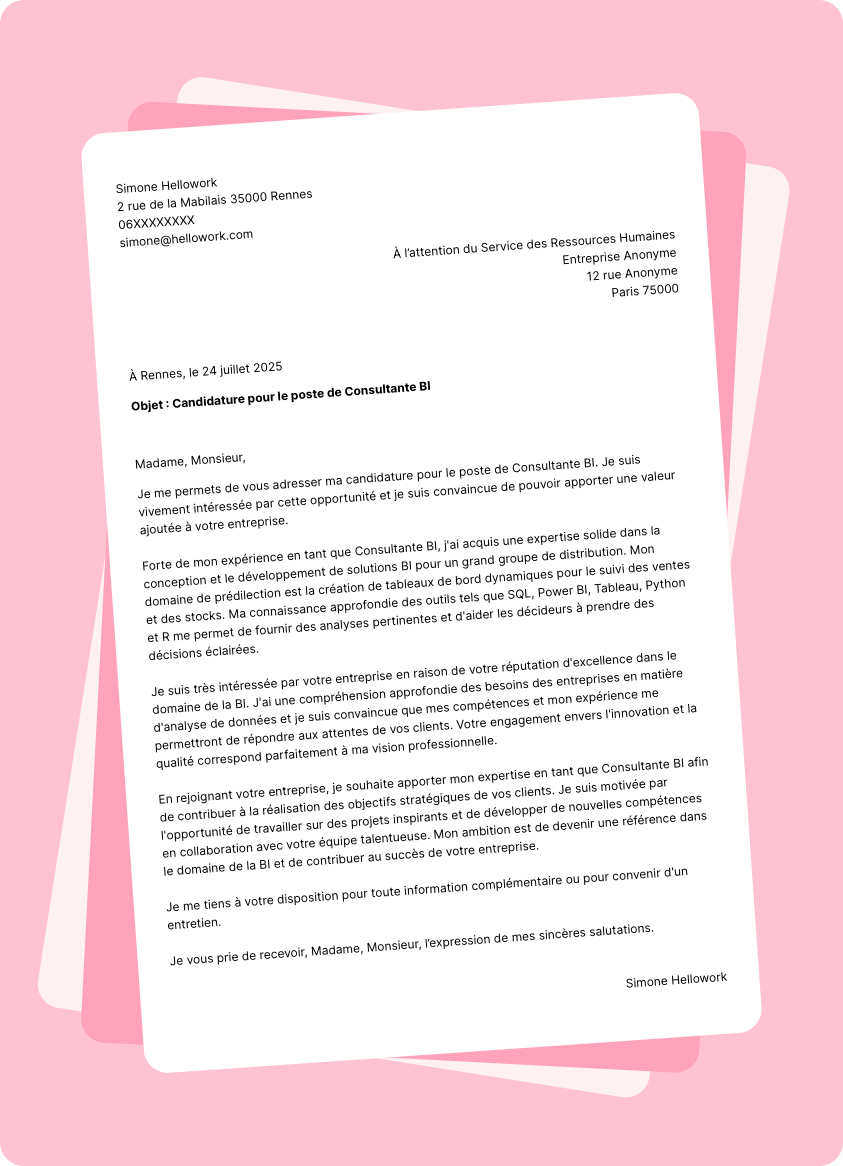 Exemple lettre de motivation Consultant BI