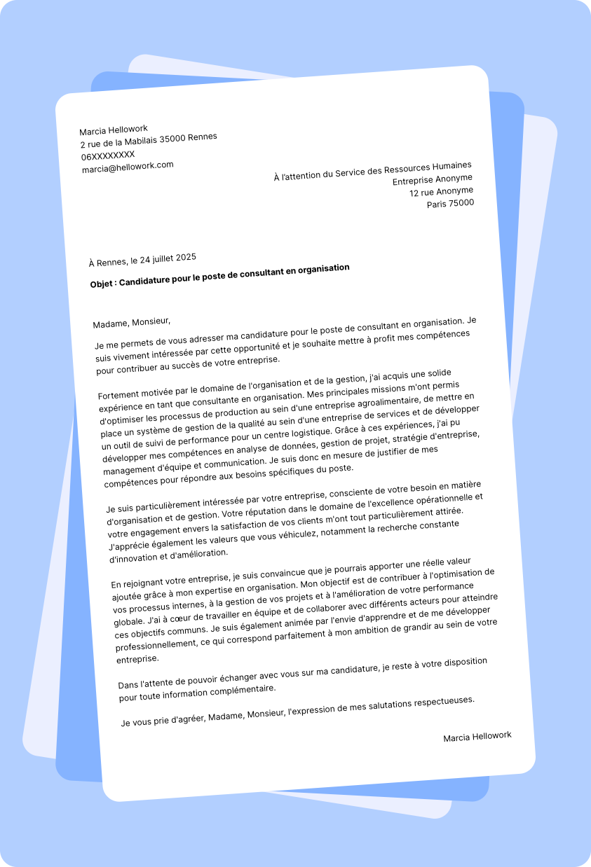 Modèle lettre de motivation Consultant en organisation Exemple lettre de motivation Consultant en organisation