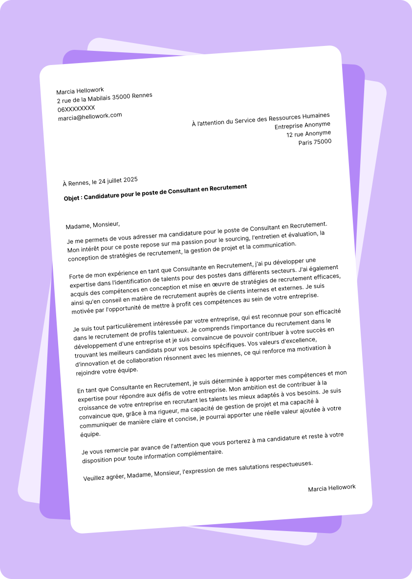 Exemple lettre de motivation Consultant en recrutement