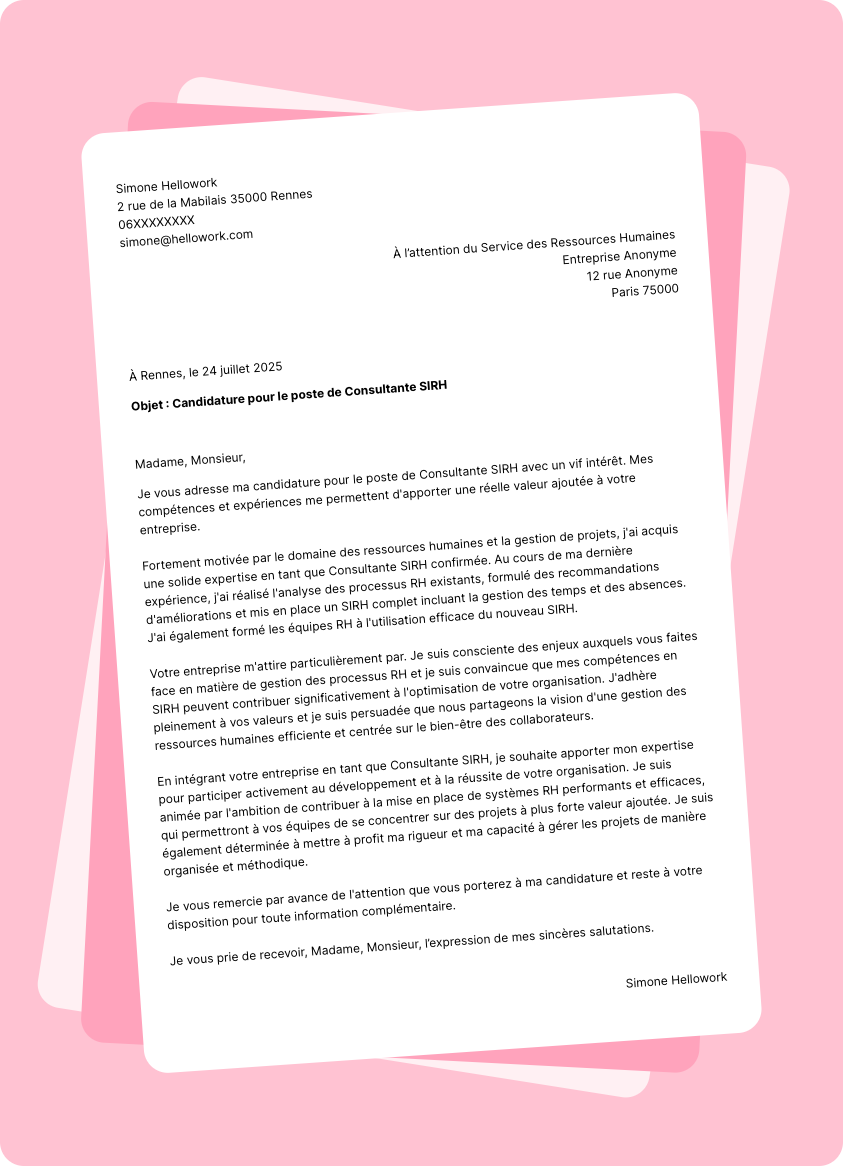 Modèle lettre de motivation Consultant SIRH Exemple lettre de motivation Consultant SIRH