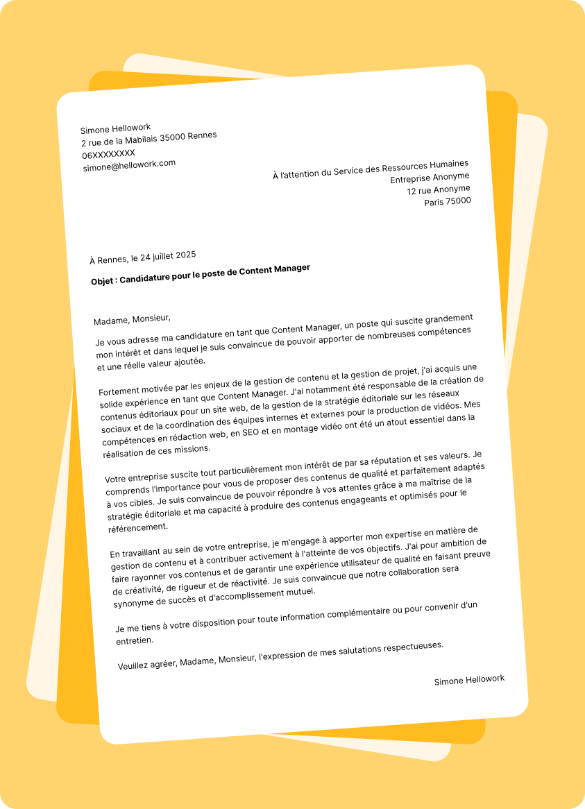 Modèle lettre de motivation Content manager Exemple lettre de motivation Content manager