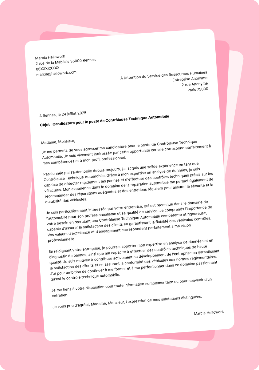 Modèle lettre de motivation Contrôleur technique automobile Exemple lettre de motivation Contrôleur technique automobile