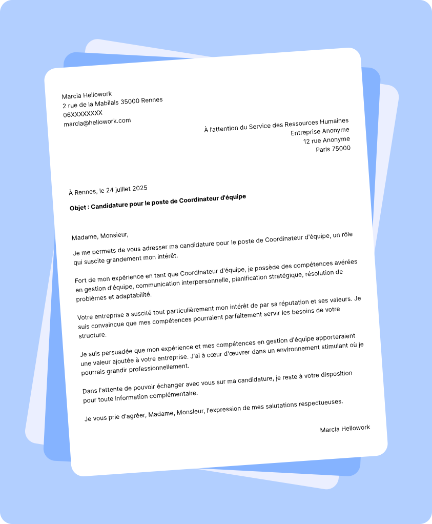 Exemple lettre de motivation Coordinateur d'équipe
