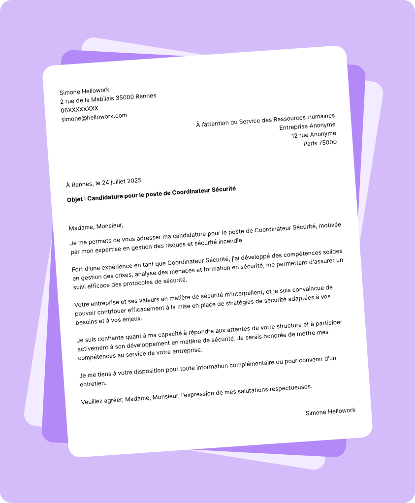 Exemple lettre de motivation Coordinateur sécurité