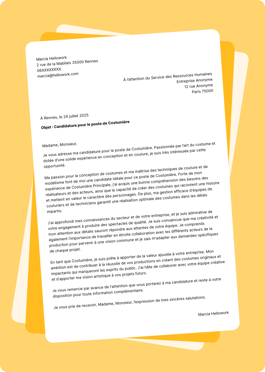 Modèle lettre de motivation Costumier Exemple lettre de motivation Costumier