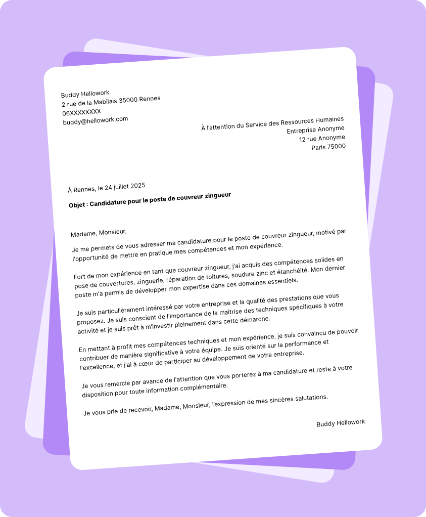 Exemple lettre de motivation Couvreur zingueur