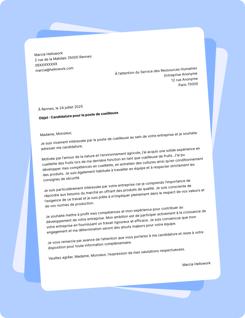 Exemple lettre de motivation Cueilleur
