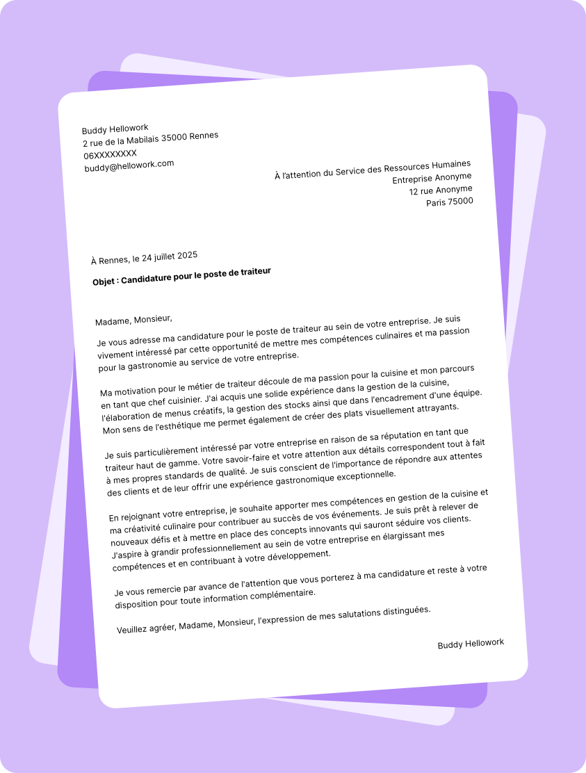 Modèle lettre de motivation Cuisinier traiteur Exemple lettre de motivation Cuisinier traiteur