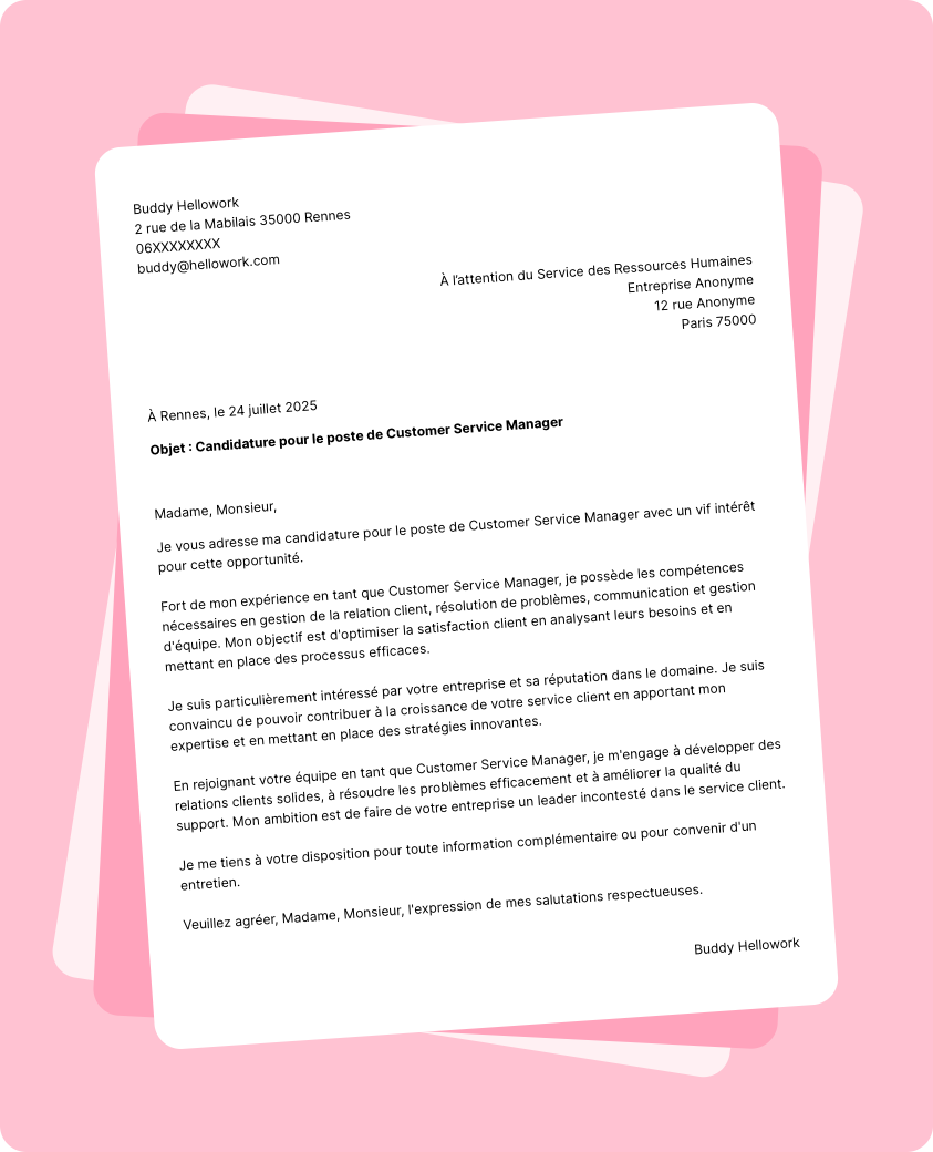 Exemple lettre de motivation Customer service manager