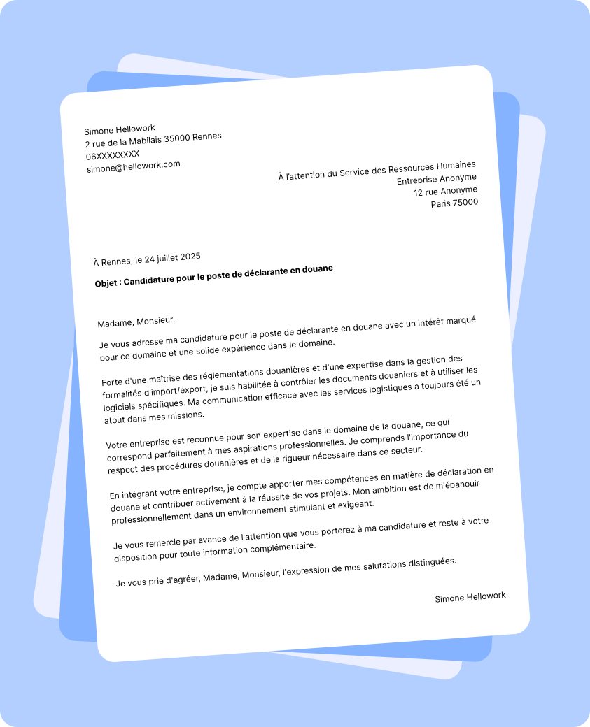 Exemple lettre de motivation Déclarant en douane