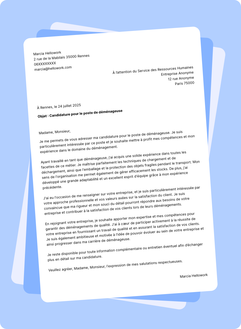 Modèle lettre de motivation Déménageur Exemple lettre de motivation Déménageur