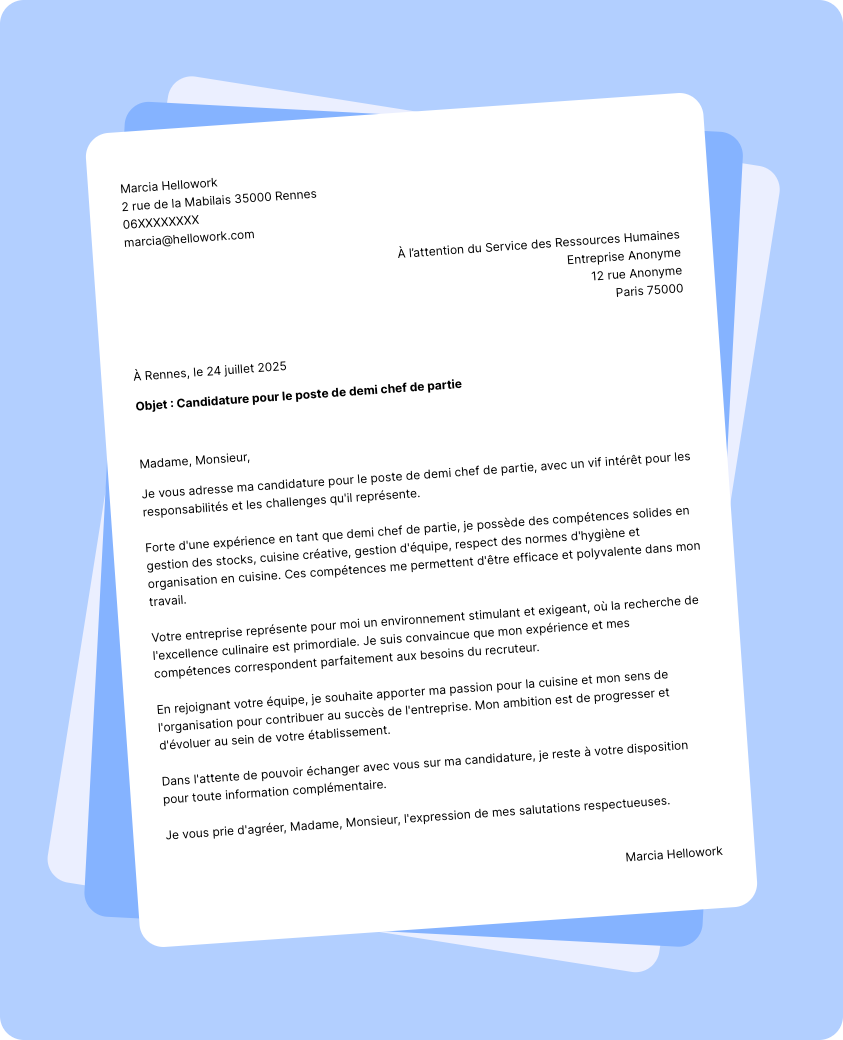 Modèle lettre de motivation Demi chef de partie Exemple lettre de motivation Demi chef de partie