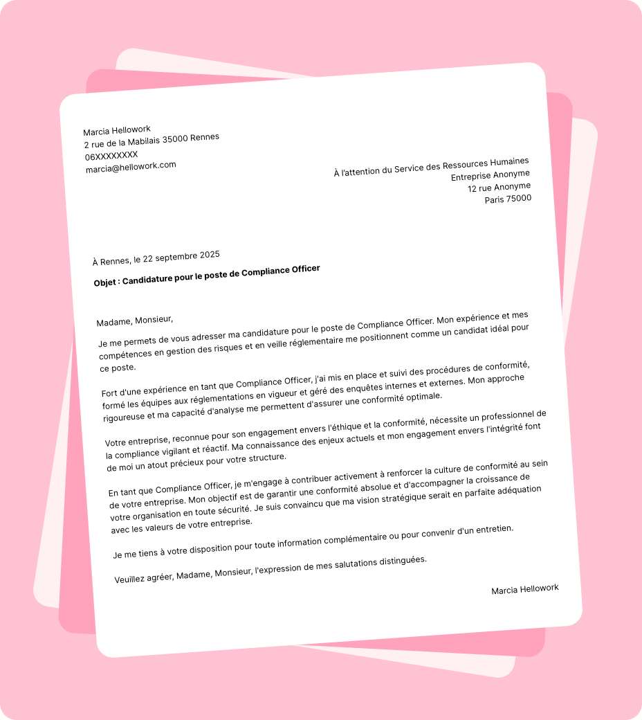 Exemple lettre de motivation Compliance officer