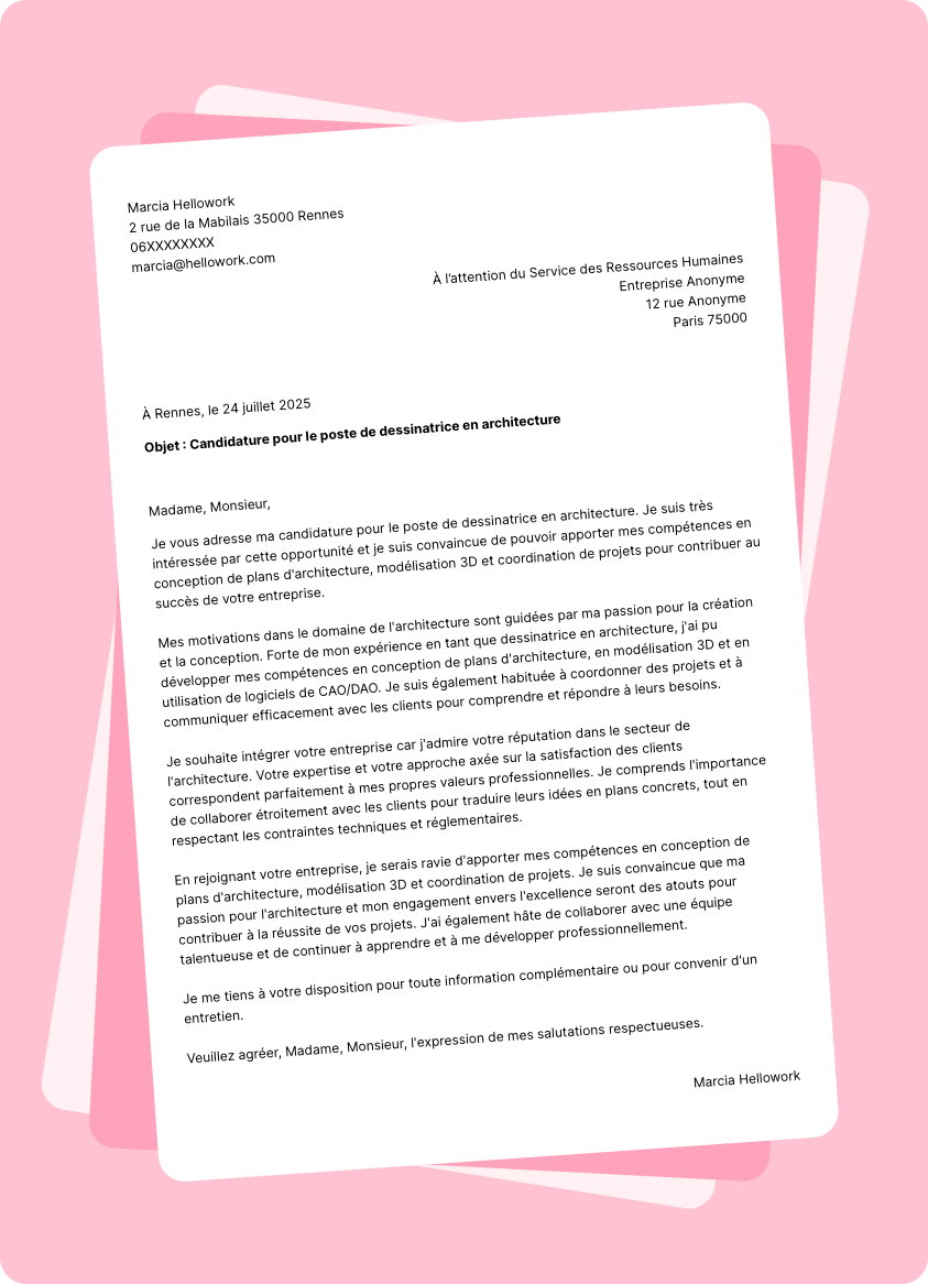Exemple lettre de motivation Dessinateur architecture