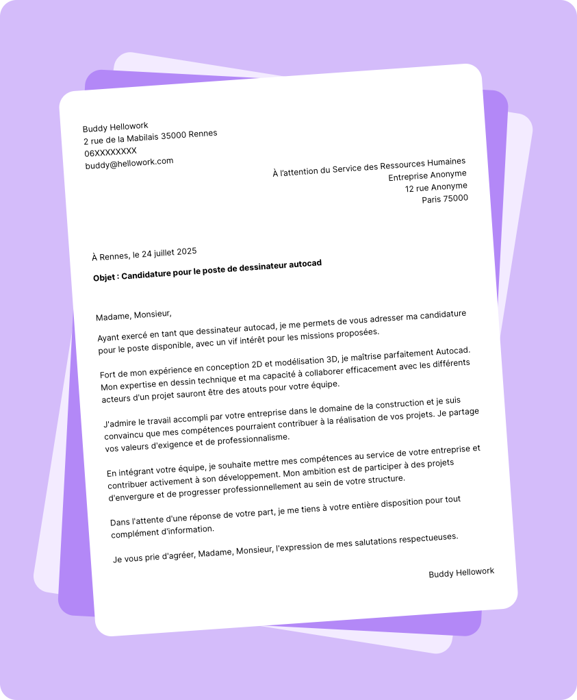 Exemple lettre de motivation Dessinateur Autocad