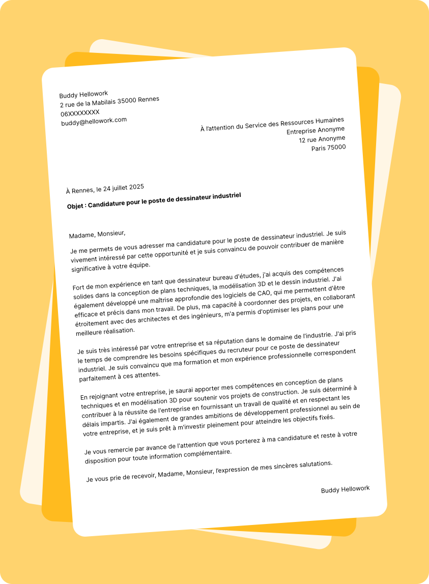 Exemple lettre de motivation Dessinateur bureau études