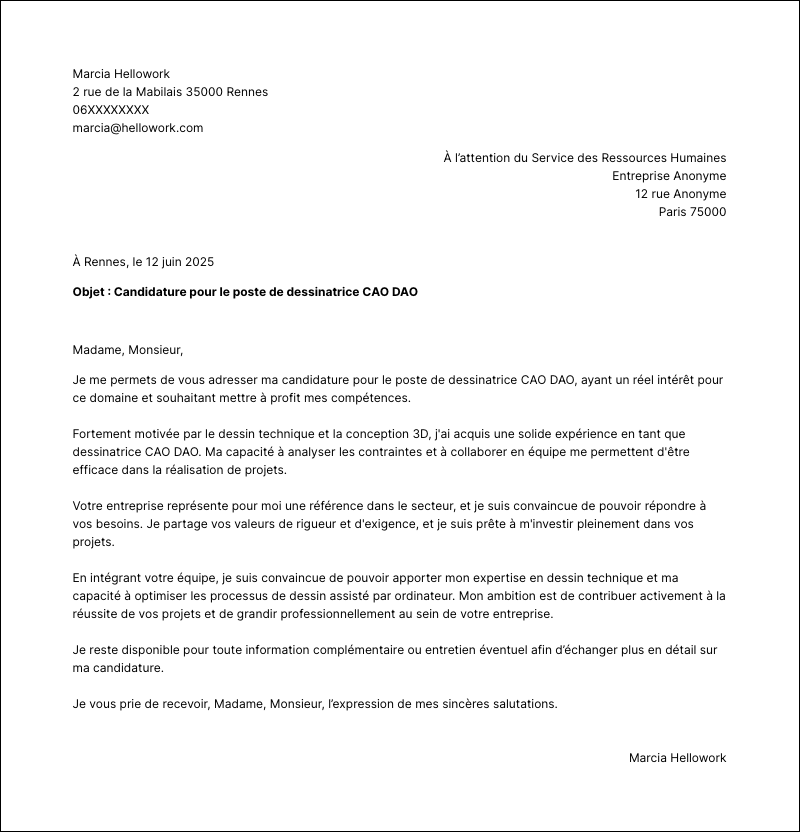Modèle lettre de motivation Dessinateur cao dao Exemple lettre de motivation Dessinateur cao dao