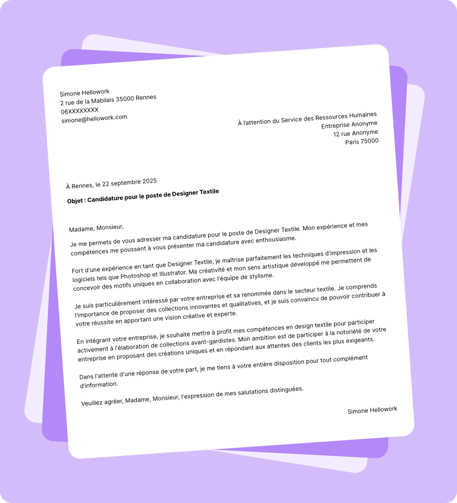 Exemple lettre de motivation Designer textile
