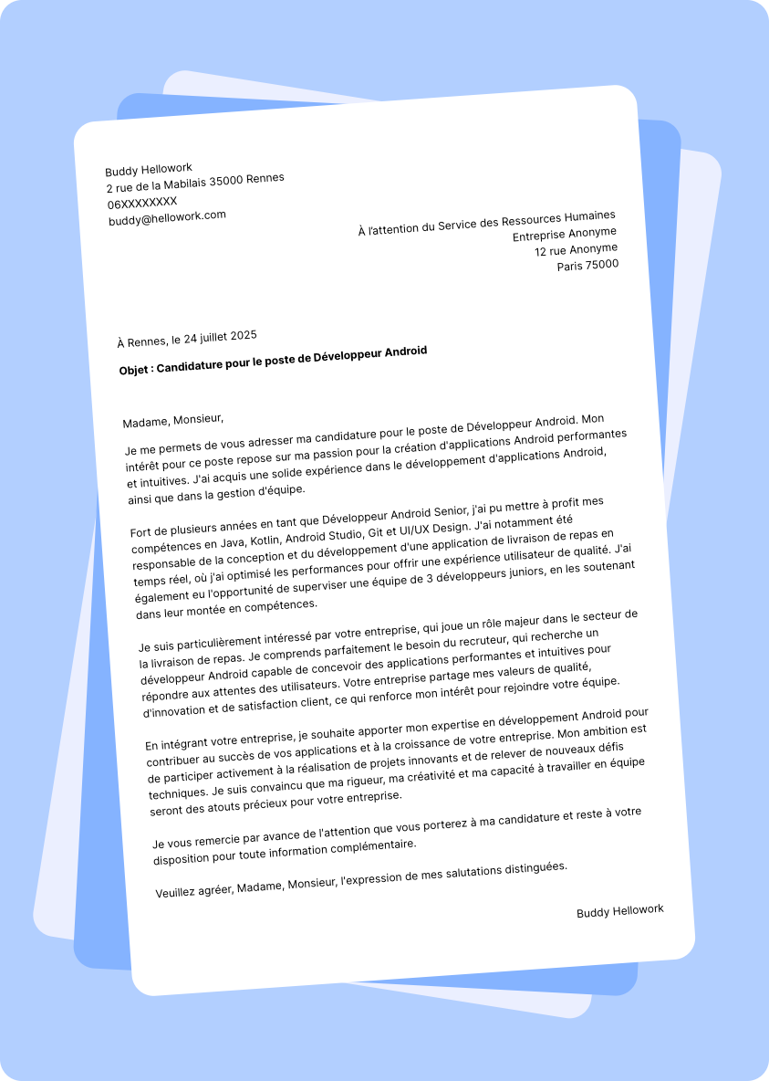 Exemple lettre de motivation Développeur Android