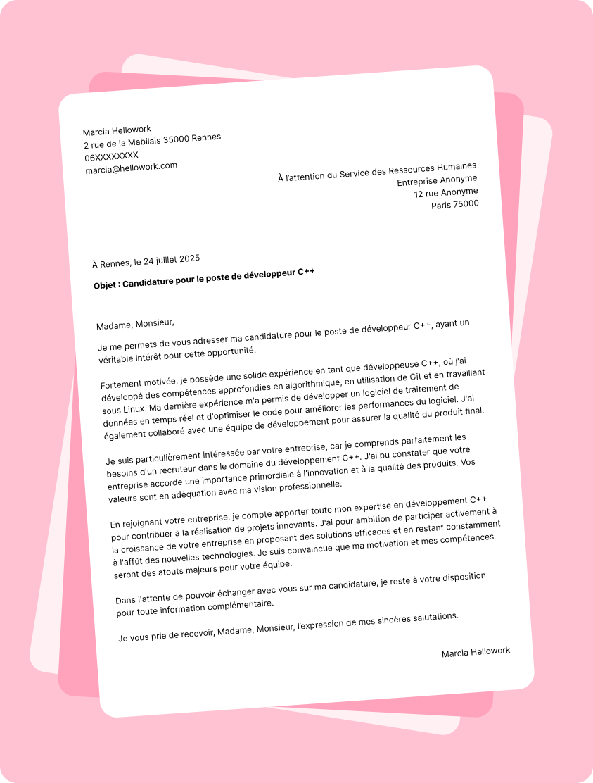 Exemple lettre de motivation Développeur C++