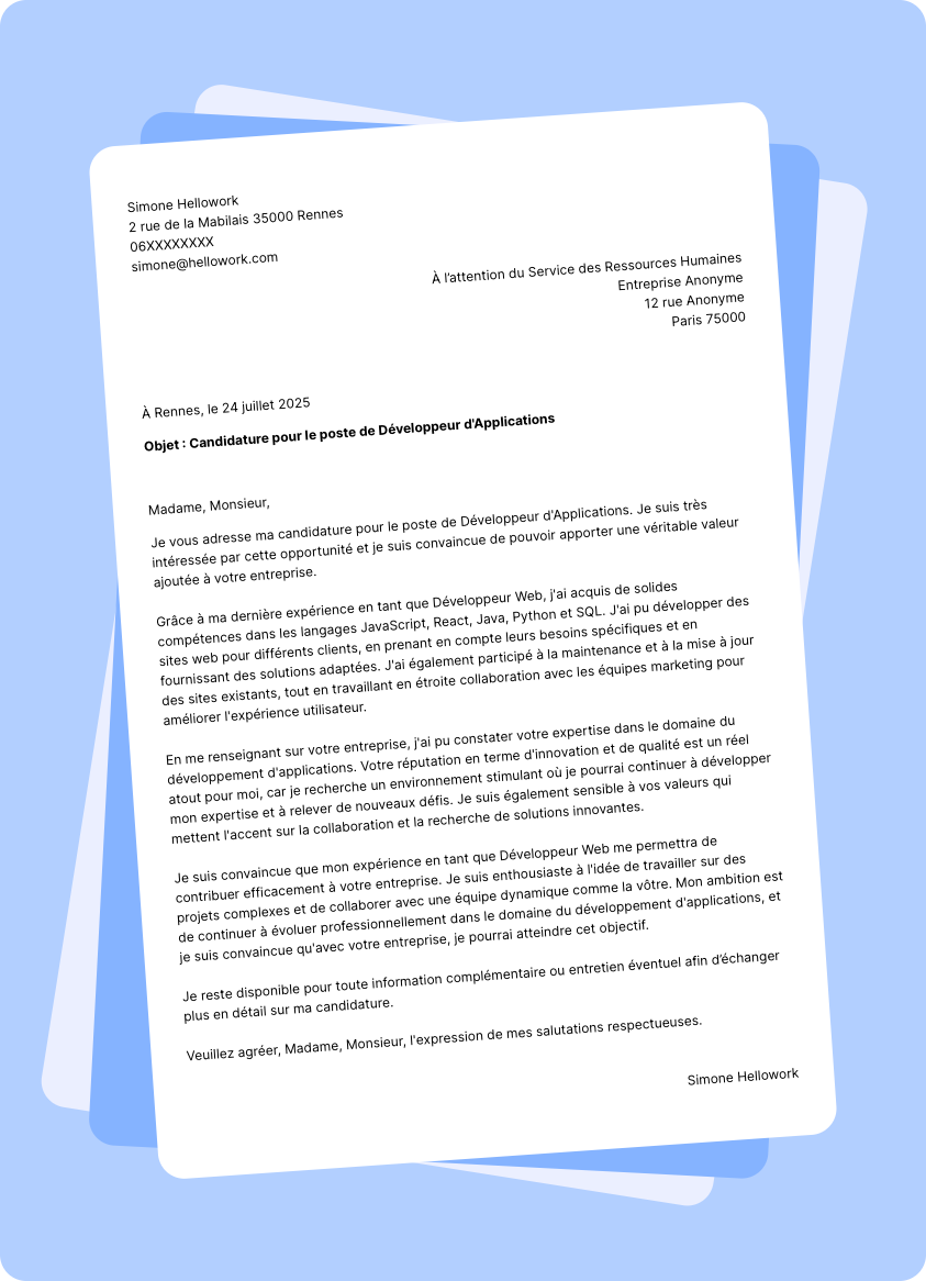 Exemple lettre de motivation Développeur d'application