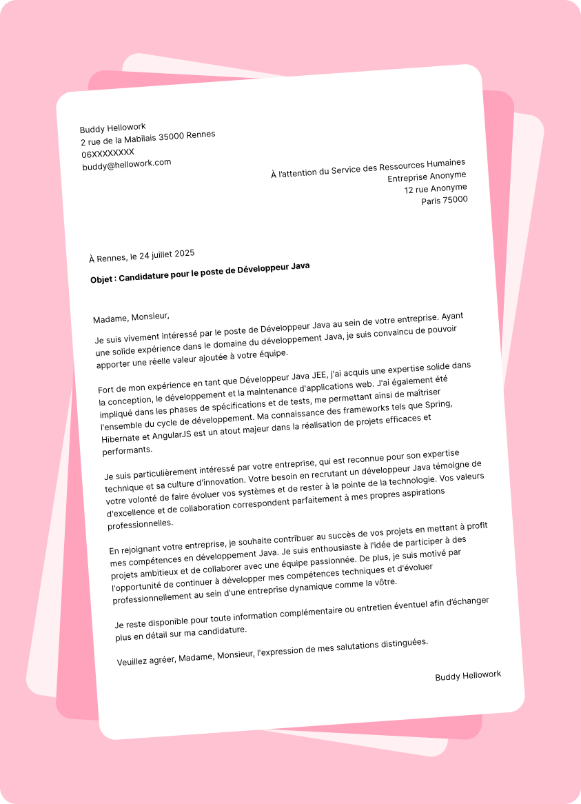 Modèle lettre de motivation Développeur Java Exemple lettre de motivation Développeur Java
