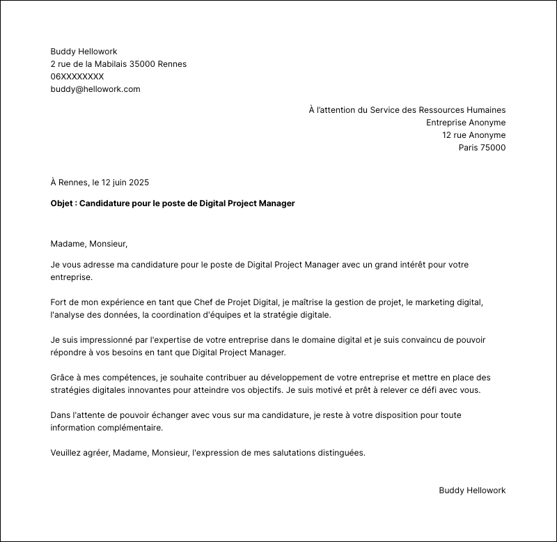 Modèle lettre de motivation Digital project manager Exemple lettre de motivation Digital project manager