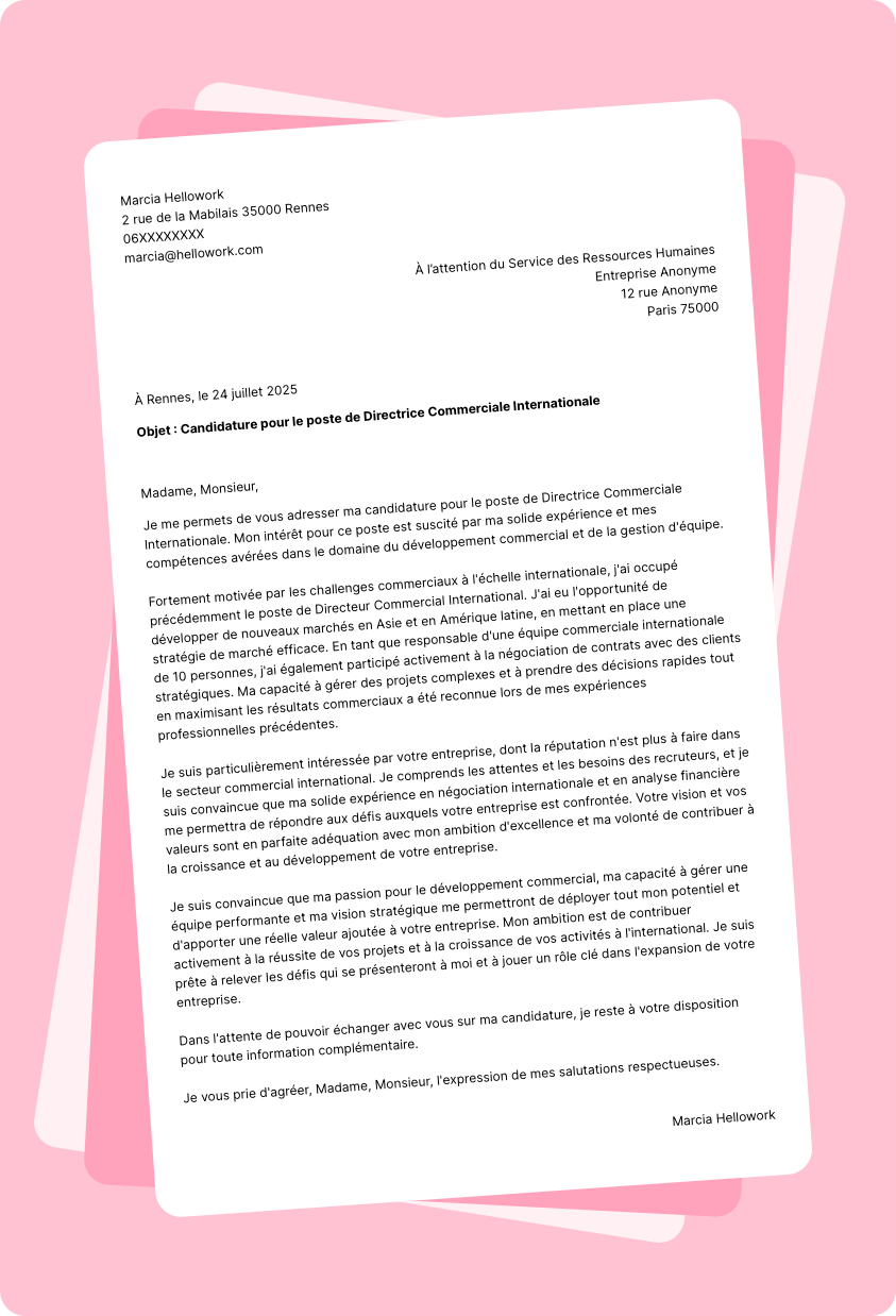 Exemple lettre de motivation Directeur commercial international