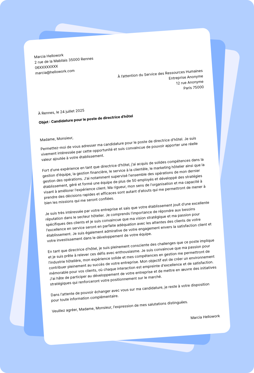 Exemple lettre de motivation Directeur d'hôtel